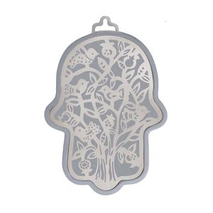 Large Stainless Steel Hamsa with Tree and Birds