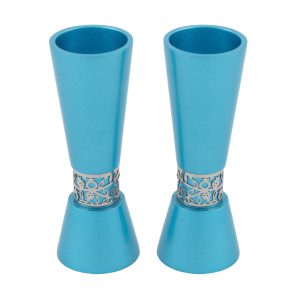 Large Turquoise Shabbat Candlesticks with Pomegranates
