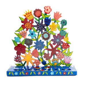 Painted Hanukkah Menorah with Flower Wreath