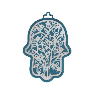 Small Blue Hamsa with Silver Bird Tree