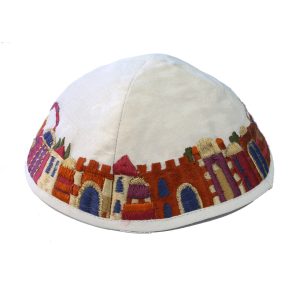 White Kippah Embroidered with Jerusalem