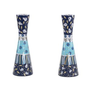 Medium Hand-Painted Shabbat Candlesticks - Light Blue Stripes