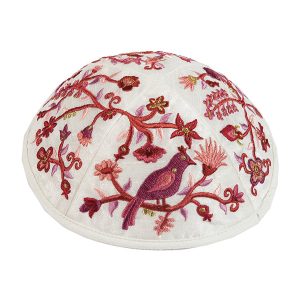 Embroidered Kippah with a Bird, Burgundy