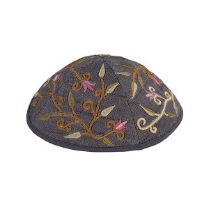 Embroidered Kippah with Flowers, Gray