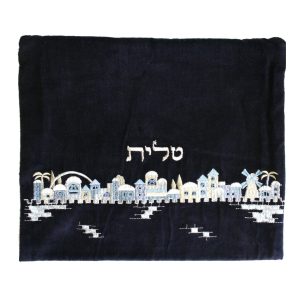 Velvet Tallit Bag with Jerusalem Skyline in Blue and White