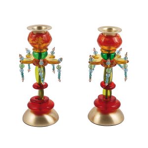 Medium Shabbat Candlesticks - Flower with Red and Yellow Beads