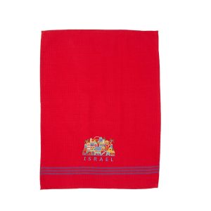 Red Kitchen Towel - Embroidered Houses, ISRAEL