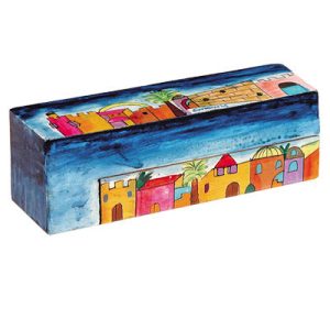 Wooden Travel Hanukkah Menorah with Jerusalem View