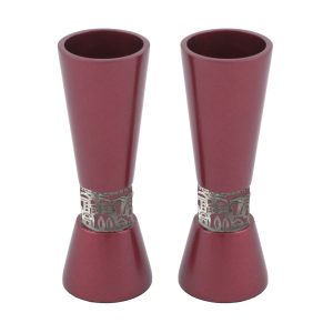 Large Burgundy Shabbat Candlesticks with Jerusalem