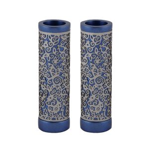 Cylinder Shabbat Candlesticks with Metal Cutout on Blue
