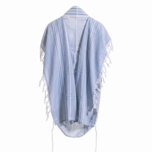 Elegant Tallit made of wool in light blue color with stripes in shades of light blue, white, and silver